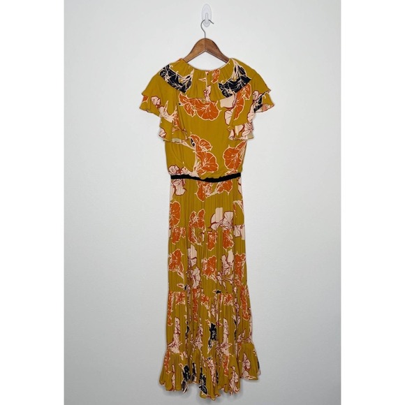 Johanna Ortiz Whiskey Sour Golden Blossom Velvet Trim Pleated Maxi Dress - Picture 13 of 15